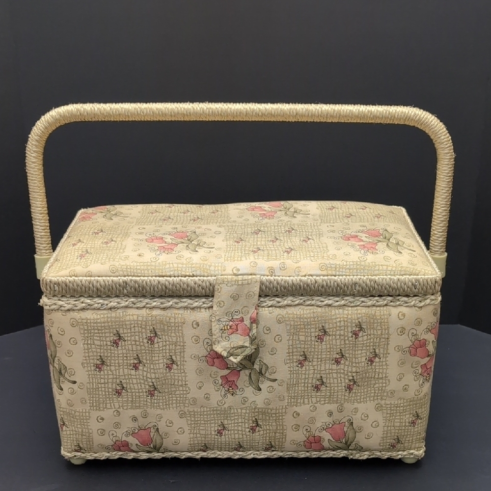 VGT,Cream,Floral,Woven Handle Sewing Basket.